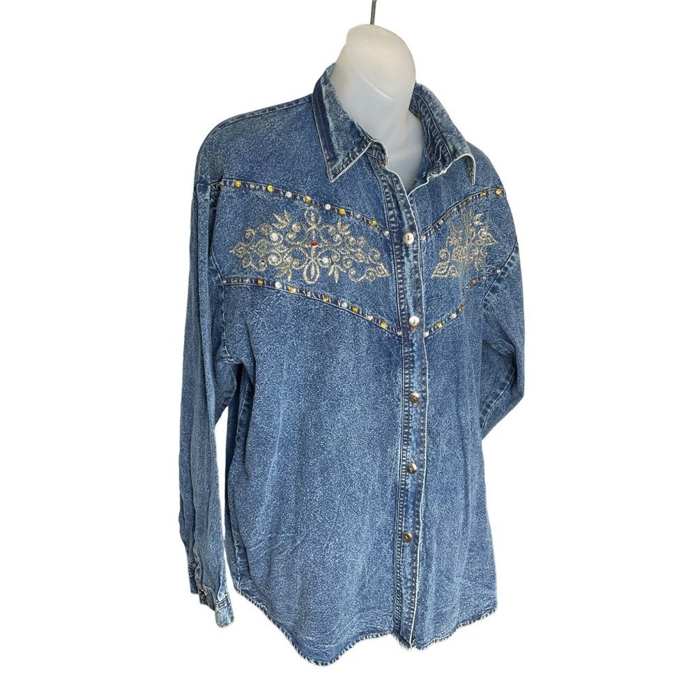 Vintage Acid Wash Denim Shirt Y2K With Bedazzled Applique Detail Large
